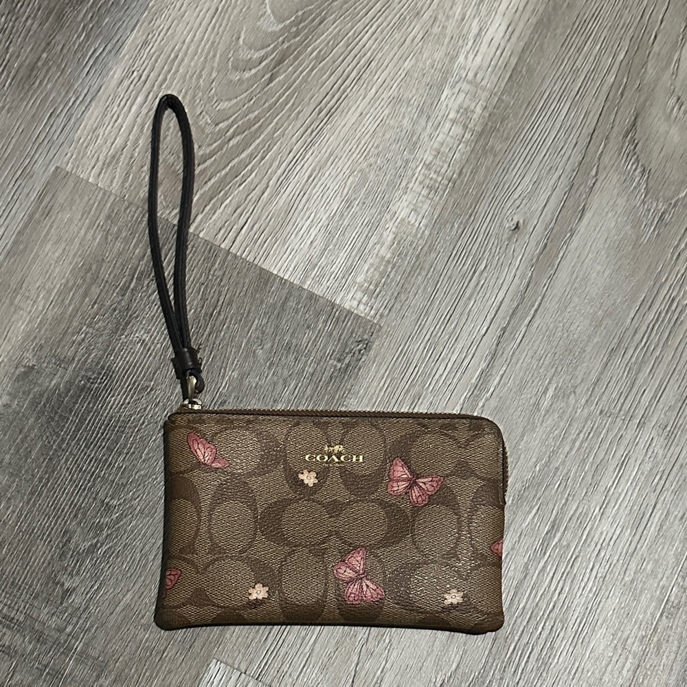 Coach Corner Zipper Brown Wristlet with Pink Butterfly